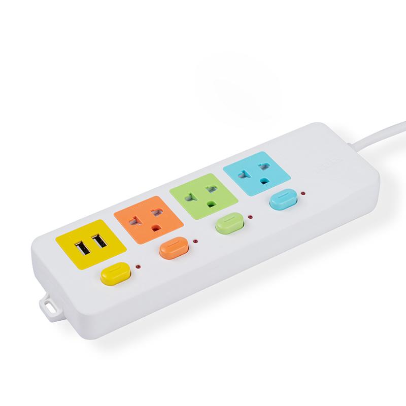 3-Wege-Power Bar mit individuellem Schalter und 2 USB-Ladegeräten